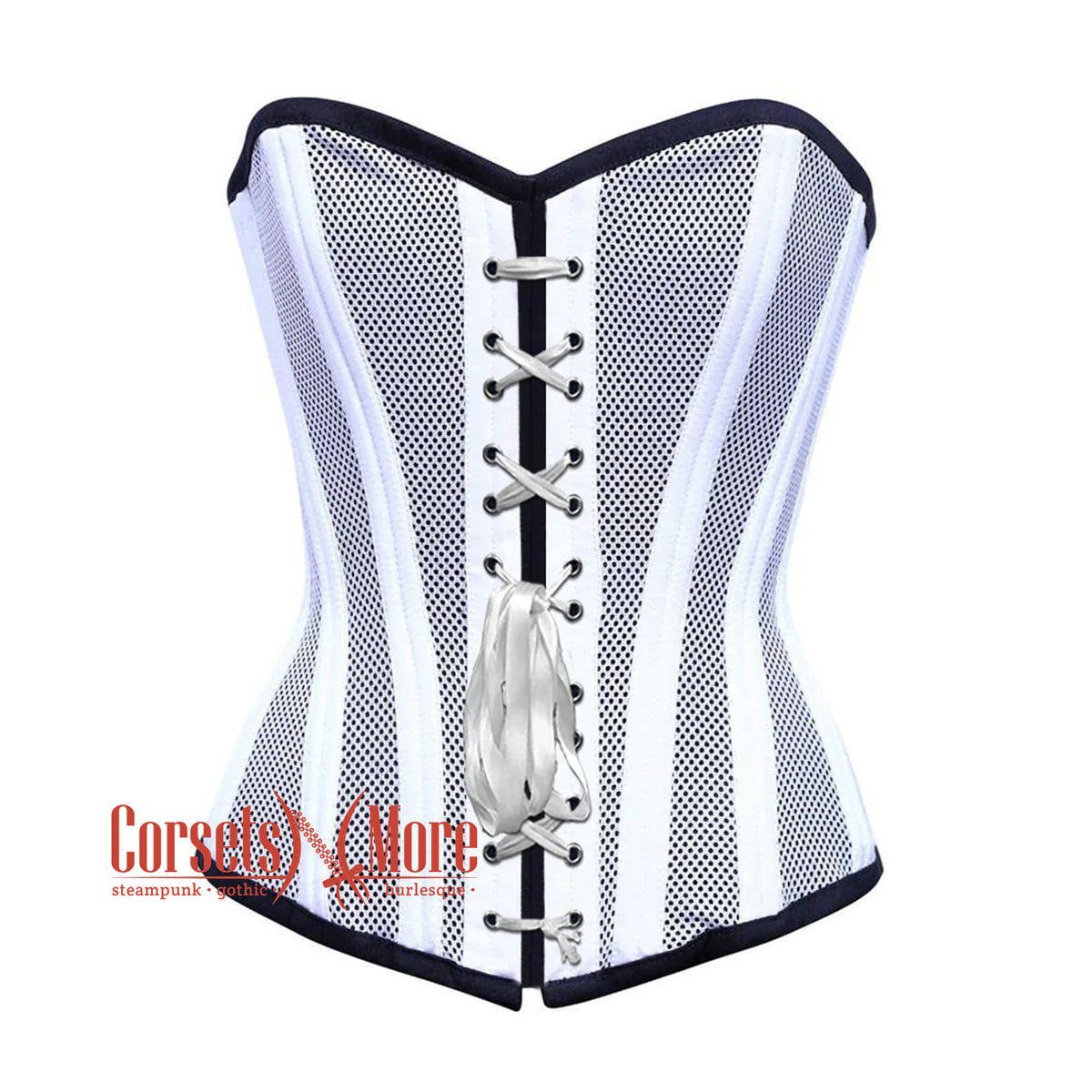 トップス burlesque layered corset thered white White Satin With Mesh Double Bone Burlesque Gothic Overbust Corset