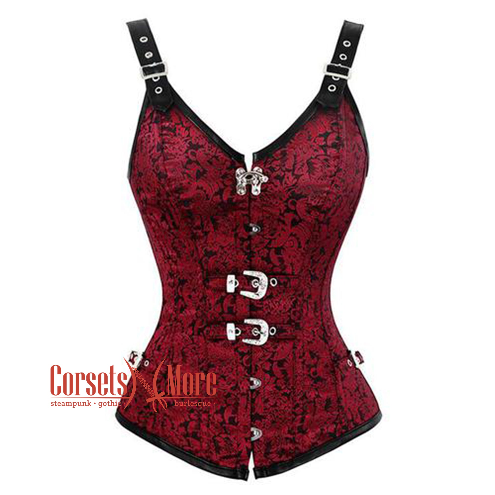Red Black Brocade Leather Shoulder Strap Steampunk Overbust Corset Top 10XL | 48 (for waist size 52"-53) Red Black Brocade Leather Shoulder Strap Steampunk Overbust Corset Top 10XL | 48 (for waist size 52"-53)
