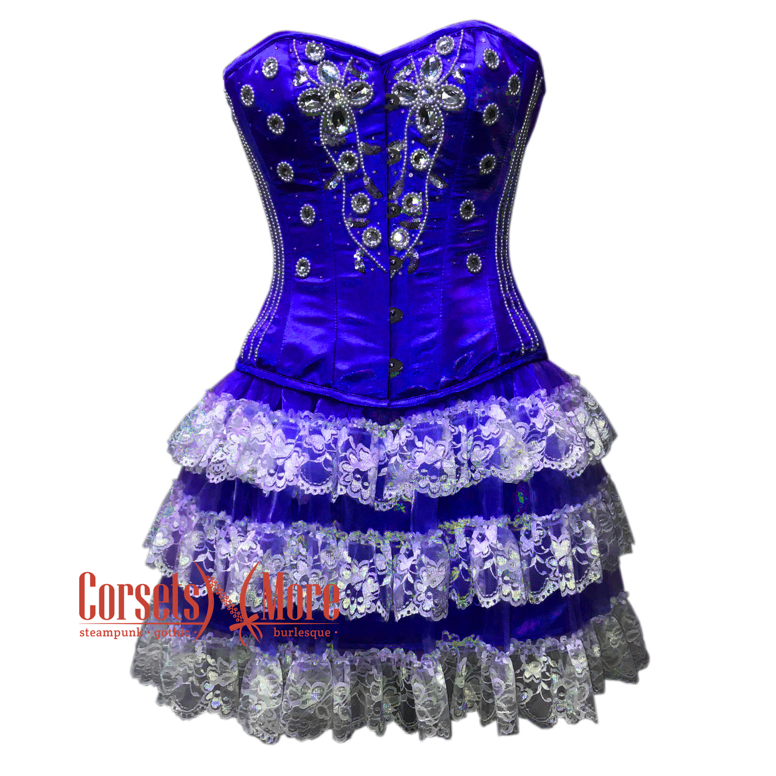 Blue Satin Silver Sequins Burlesque Dress Corset Gothic Overbust 12XL | 52 (for waist size 56"-57") Blue Satin Silver Sequins Burlesque Dress Corset Gothic Overbust 12XL | 52 (for waist size 56"-57")
