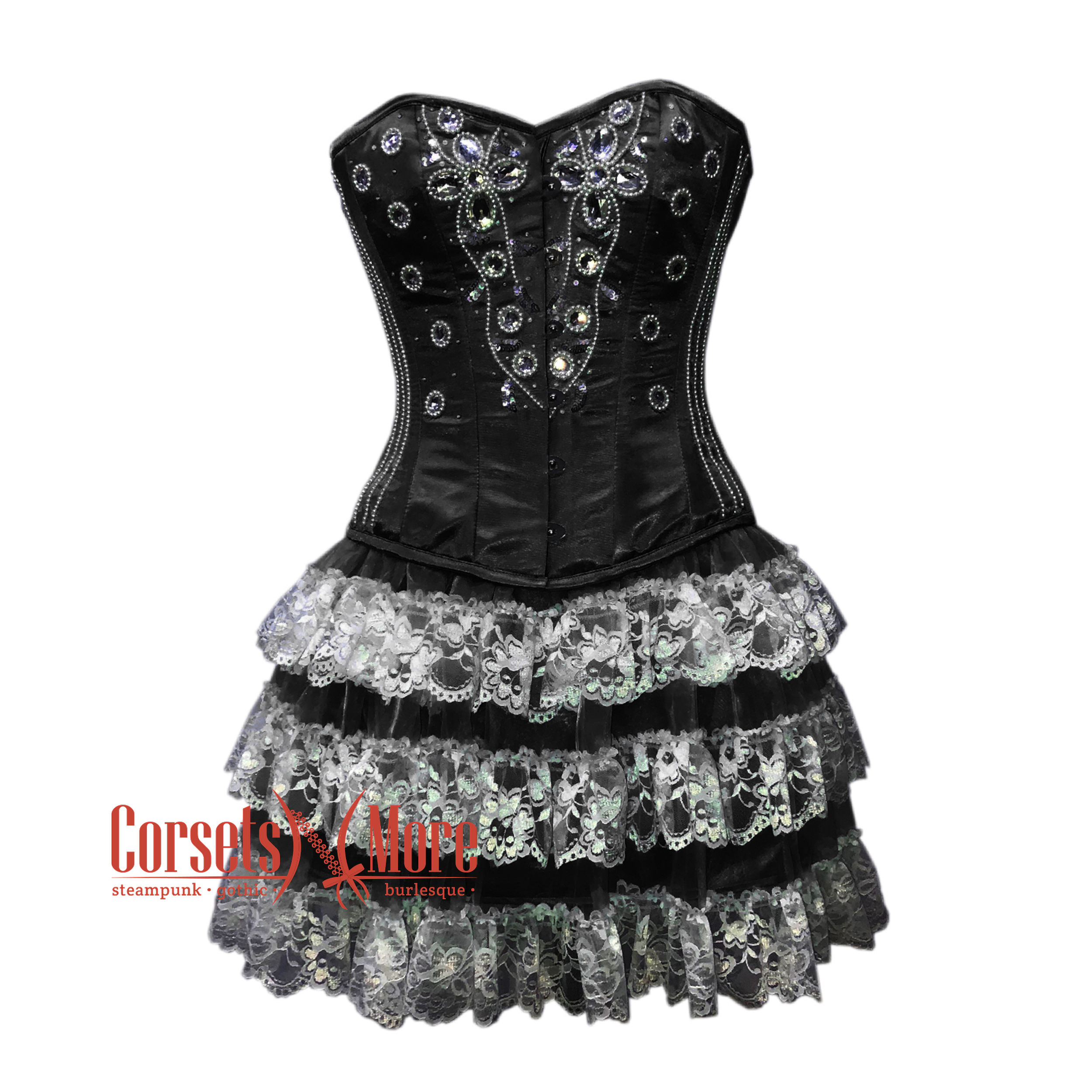 Black Satin Silver Sequins Burlesque Dress Corset Gothic Overbust –  CorsetsNmore