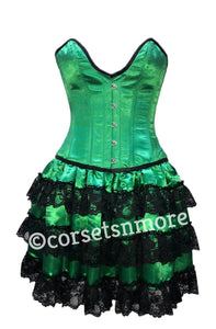 Plus Size Green Satin Deep Bust Corset with Black Frills Skirt Burlesque Costume for Mardi Gras Dress