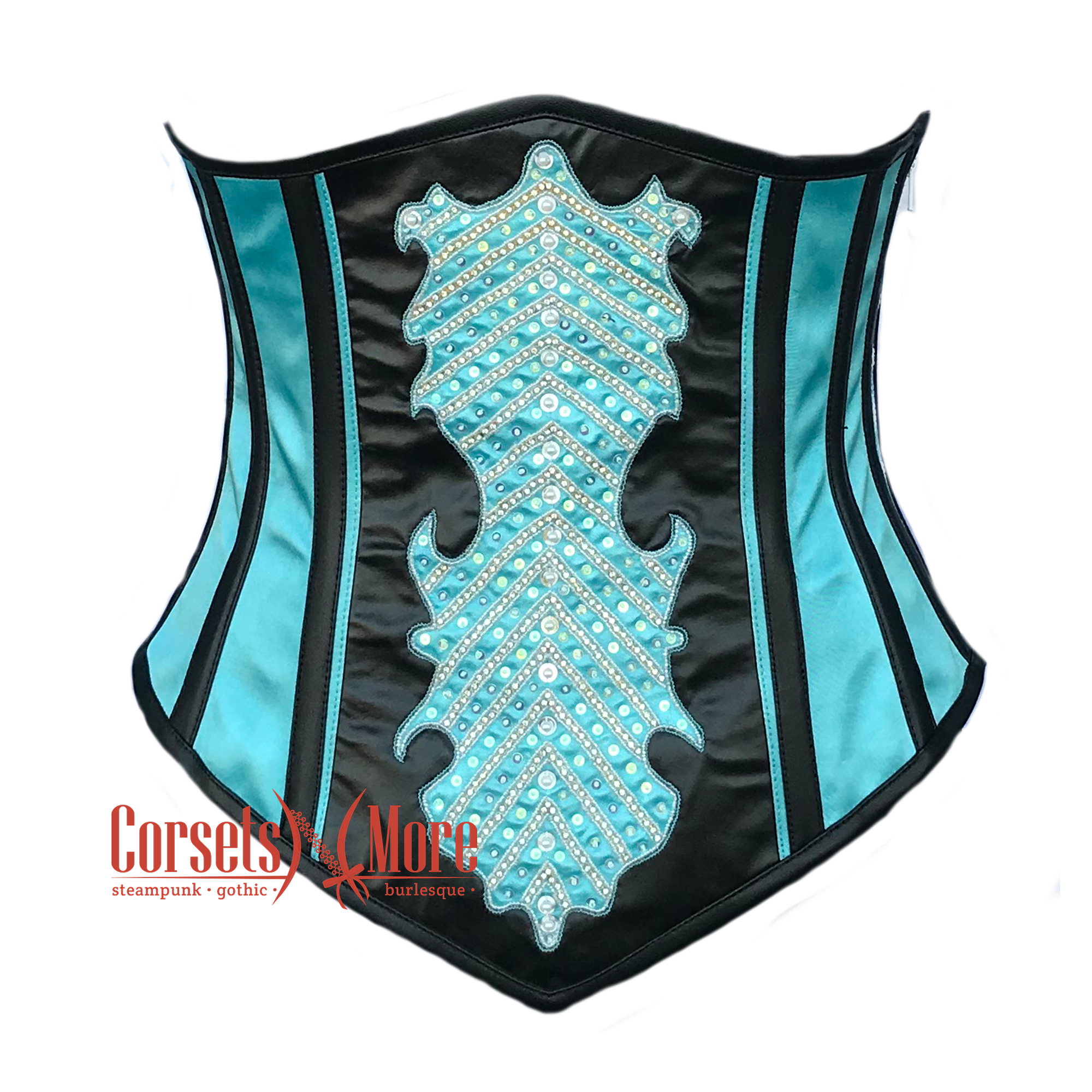 Baby Blue Black Satin With Sequins Underbust Corset Burlesque Costume 7XL | 42 (for waist size 46"-47) Baby Blue Black Satin With Sequins Underbust Corset Burlesque Costume 7XL | 42 (for waist size 46"-47)