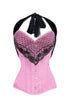 Pink Satin Corset Black Net Halter Neck Waist Training Overbust