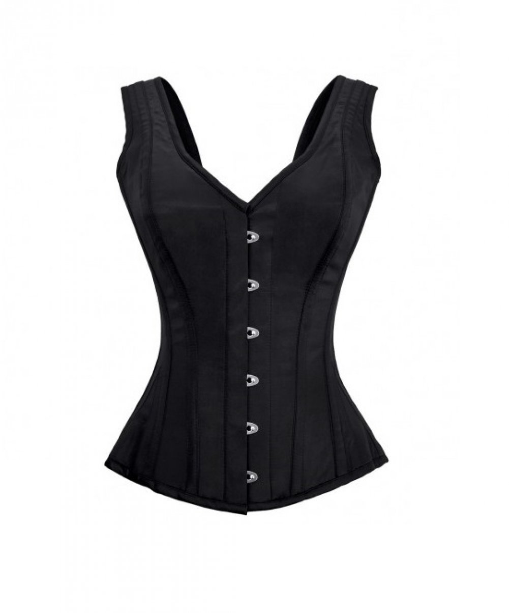 Black Satin Overbust Corset with Shoulder Straps Corset Top for Women