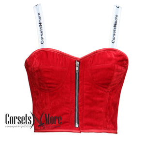 Red Velvet Gothic Zipper Overbust Crop Corset With Strap Valentine Gift Top