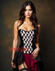 Black Velvet Overbust Corset with White Leaf Embroidery & Front Zipper Gothic Costume Bustier