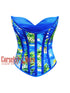 Printed Cotton Overbust Corset Top – Royal Blue Lace-Up Bodice Bustier for Women