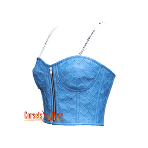 Blue Faux Leather Steampunk Gothic Bustier Crop Overbust Corset Valentine Top