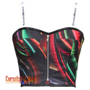 Colorful Lines Printed Poly Satin Overbust Crop Corset