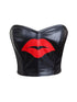 Black PU Leather Crop Corset Top, Red Lips Bustier, Strapless Sweetheart Neckline