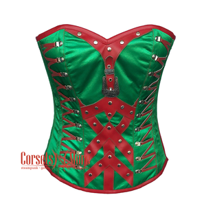 Green Satin Red Leather Steampunk Costume Gothic Overbust Corset