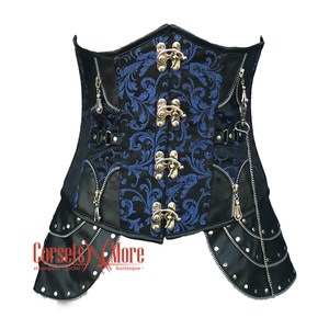 Blue And Black Brocade Black Faux Leather Steampunk Costume Heavy Duty Underbust Corset