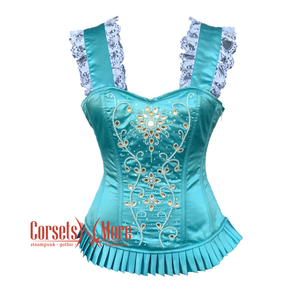 Baby Blue Satin White Sequins Work With Shoulder Strap Burlesque Overbust Corset Top