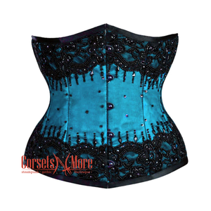 Baby Blue Satin Black Sequins Burlesque Underbust Gothic Corset