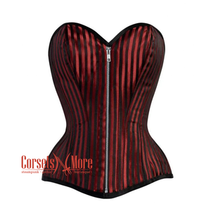 Red And Black Striped Brocade Front Zipper Steampunk Costume Gothic Corset Overbust Top
