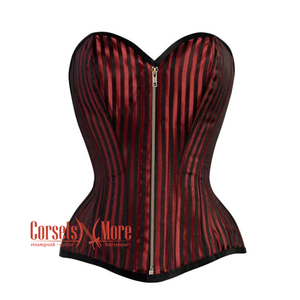 Red And Black Striped Brocade Antique Zipper Steampunk Costume Gothic Corset Overbust Top
