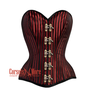 Red And Black Striped Brocade Antique Clasps Steampunk Costume Gothic Corset Overbust Top