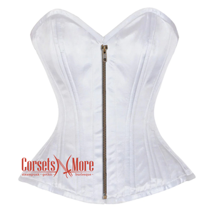 Plus Size White Satin Burlesque Double Bone Antique Zipper Waist Training Costume Gothic Corset Overbust Top