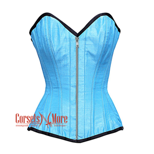 Baby Blue Satin Burlesque Silver Zipper Waist Training Costume Gothic Corset Overbust Top