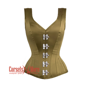 Olive Green Satin Burlesque Shoulder Strap Front Clasps Corset Gothic Overbust Bustier Top