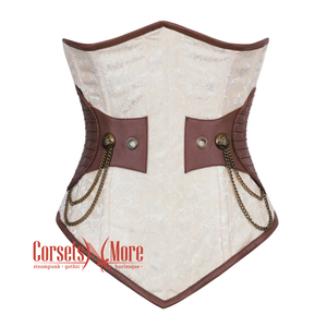 Plus Size Ivory And White Brocade Brown Leather Front Closed Steampunk Underbust Corset