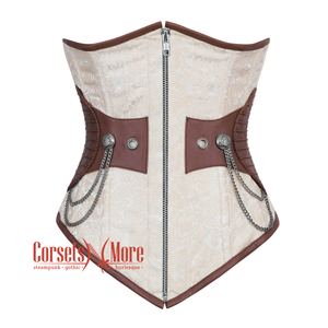 Ivory And White Brocade Brown Leather Front Zipper Steampunk Underbust Corset