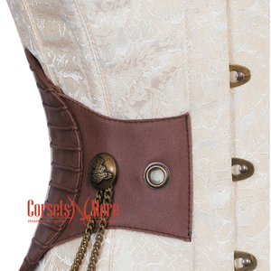 Plus Size Ivory And White Brocade Brown Leather Steampunk Underbust Corset