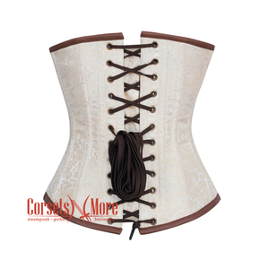 Plus Size Ivory And White Brocade Brown Leather Silver Clasps Steampunk Underbust Corset