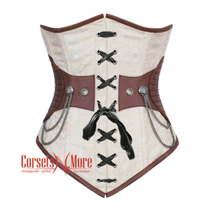 Plus Size Ivory And White Brocade Brown Leather Front Lace Steampunk Underbust Corset