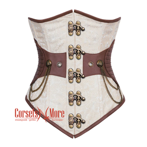 Ivory And White Brocade Brown Leather Antique Clasps Steampunk Underbust Corset