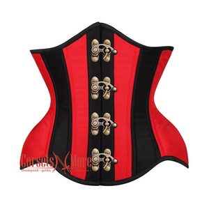 Red And Black Satin Burlesque Front Antique Clasps Waist Training Underbust Corset
