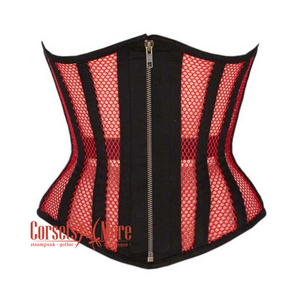 Red Mesh Black Cotton Gothic Front Zipper Waist Training Underbust Corset
