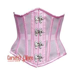 Baby Pink Mesh Satin Stripes Burlesque Gothic Front Clasps Waist Training Underbust Corset