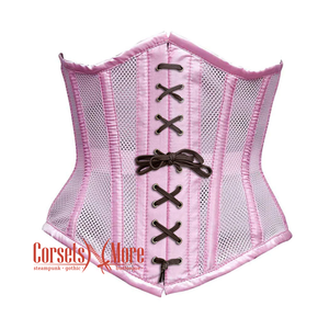Baby Pink Mesh Satin Stripes Burlesque Front Brown Lace Waist Training Underbust Corset