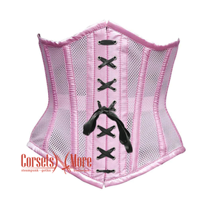 Baby Pink Mesh Satin Stripes Burlesque Front Black Lace Waist Training Underbust Corset