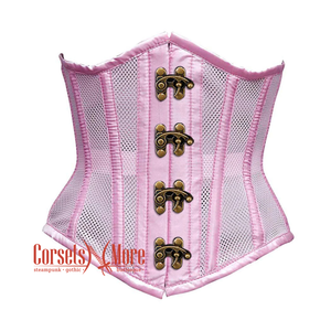 Plus Size  Baby Pink Mesh Satin Stripes Burlesque Gothic Front Antique Clasps Waist Training Underbust Corset