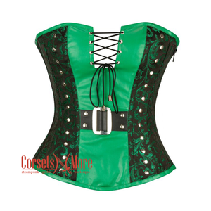 Plus Size  Green And Black Brocade Leather Belt Gothic Waist Training Steampunk Overbust Corset