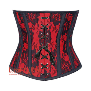 Red Satin Net Overlay With Front Lace Gothic Waist Training Steampunk Underbust Corset