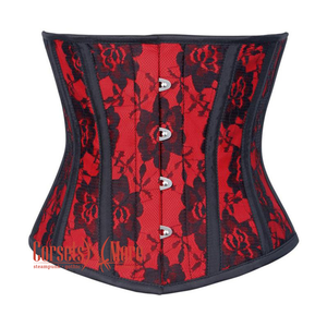 Plus Size  Red Satin Net Overlay Burlesque Waist Training Underbust Corset