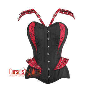 Plus Size  Black Brocade With Red Brocade Stripe On Shoulder Waist Training Steampunk Overbust Corset