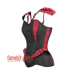 Plus Size  Black Brocade With Red Brocade Stripe On Shoulder Waist Training Steampunk Overbust Corset