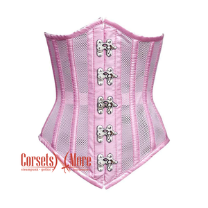 Pink Satin Mesh With Front Silver Clasps Long Underbust Corset Gothic Costume Bustier Top