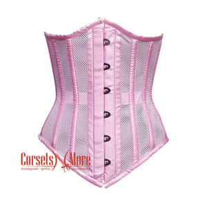 Pink Satin Mesh With Front Silver Busk Long V-Shape Underbust Corset