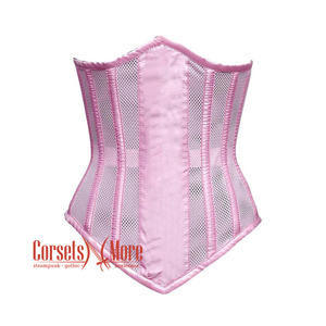 Pink Satin Mesh With Front Close Long Underbust Corset