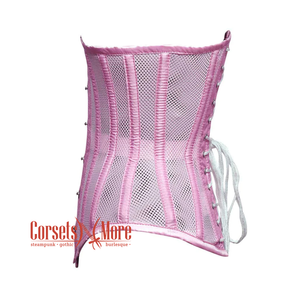 Pink Satin Mesh With Front Close Long Underbust Corset