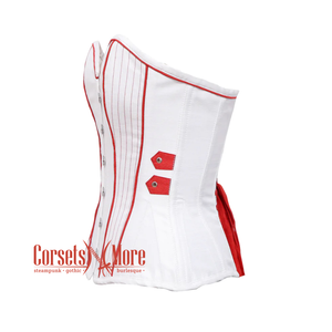 Plus Size White Satin With Red Thread Design Overbust Corset Top