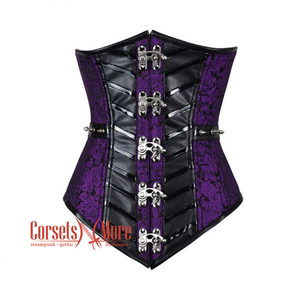 Purple And Black Brocade With Faux Leather Stripe Long Underbust Corset
