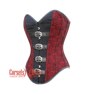 Plus Size Red And Black Brocade Black Cotton Overbust Corset