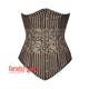 Plus Size Brown and Golden Brocade With Front Silver Busk Gothic Long Underbust  Corset