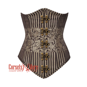 Brown and Golden Brocade With Front Clasps Gothic Long  Underbust Waist Training Bustier Corset